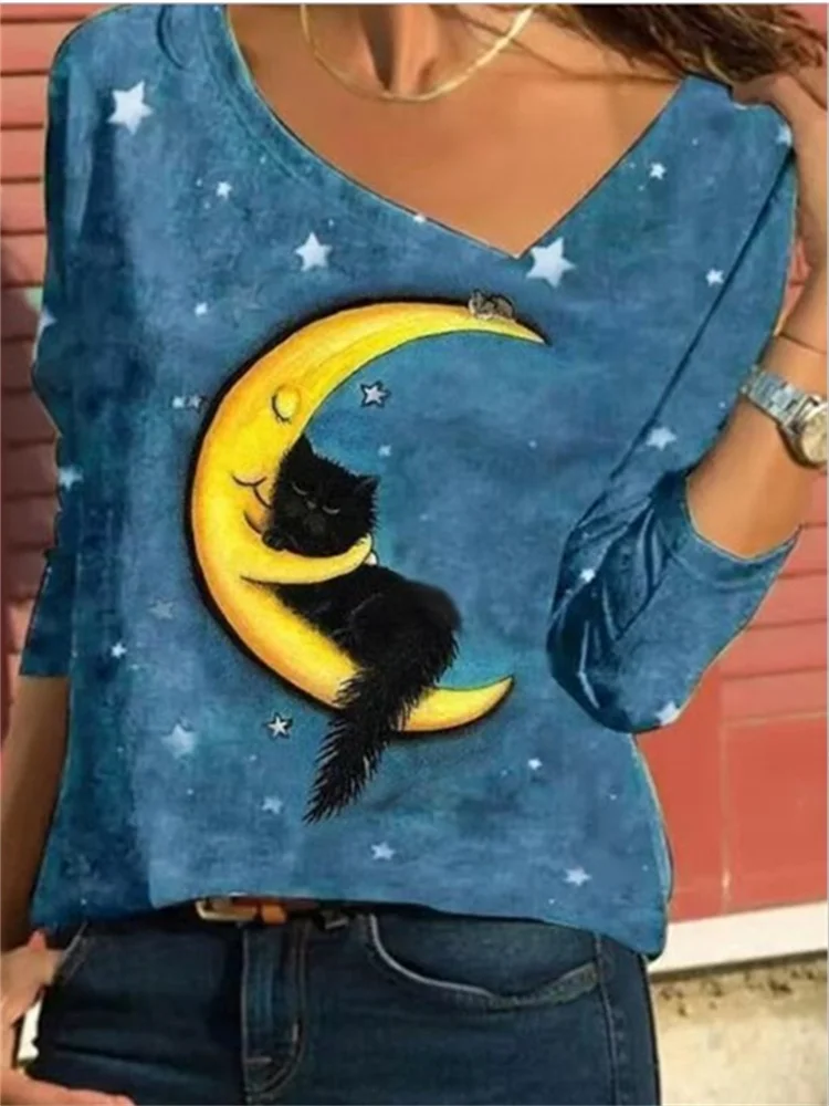 Night Black Cat Graphic T Shirt