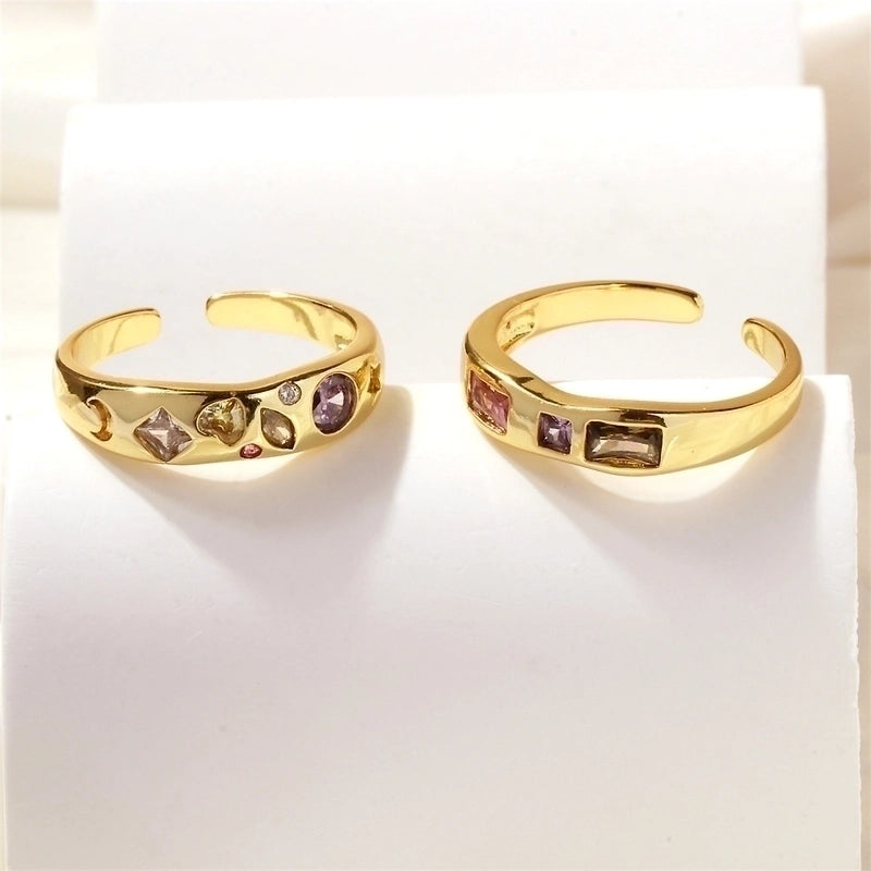 Ig Style Minimalist Round Moon Heart Shape Copper Plating Inlay Zircon 18k Gold Plated Open Rings