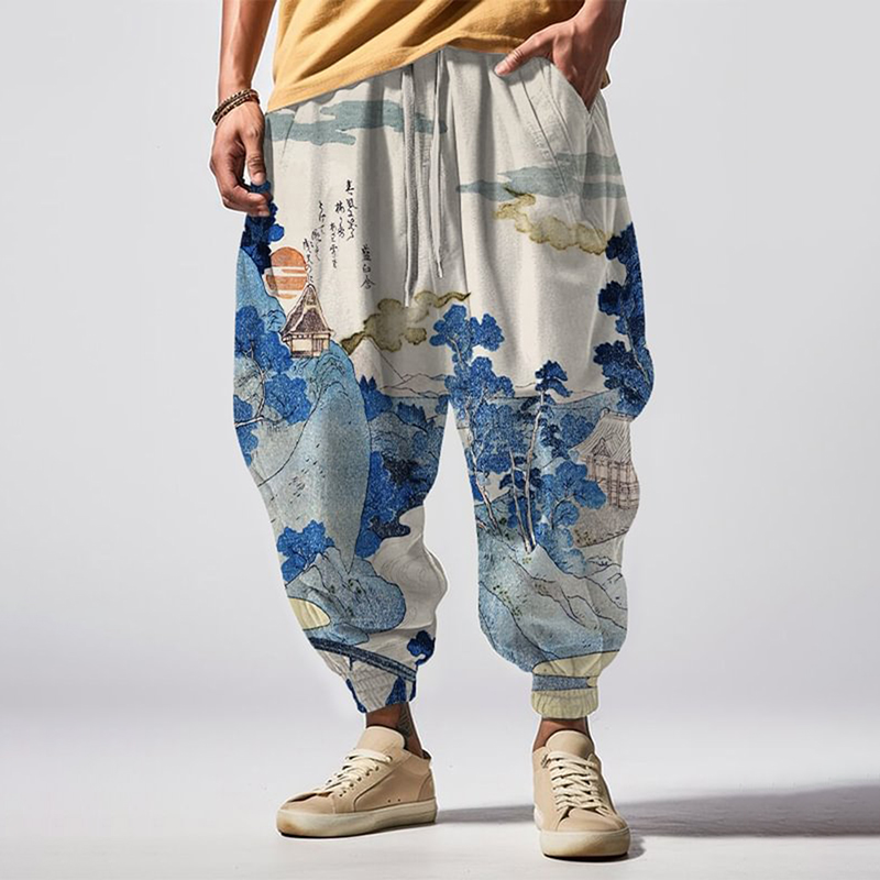 Vintage Japanese Landscape Art Element Pattern Casual Loose Drawstring Waist Sweatpants wearshes