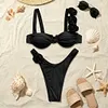 Stylish Rose-Themed Solid-Color Sexy Bikini Set by Inlyline