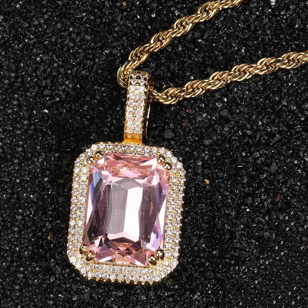 Hip Hop Iced Out Zirconia Pendant Necklace Shiny Colorful Stone Rapper Jewelry-VESSFUL