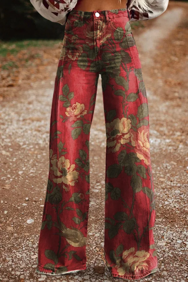Women's Retro Red Rose Casual Wide Leg Pants