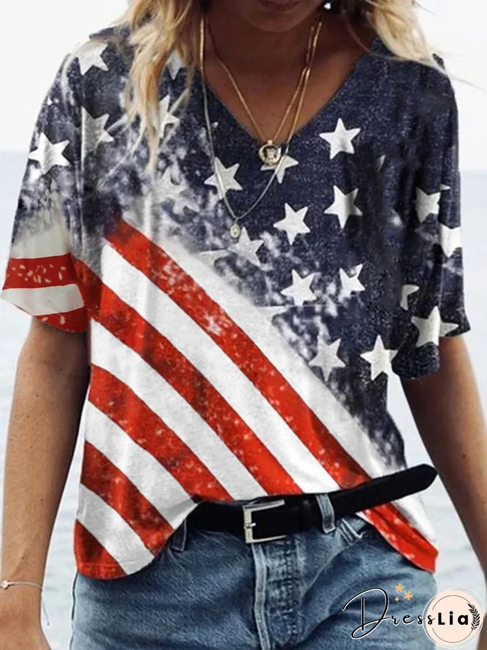 Flag V Neck Casual Short Sleeve Loosen T-Shirt