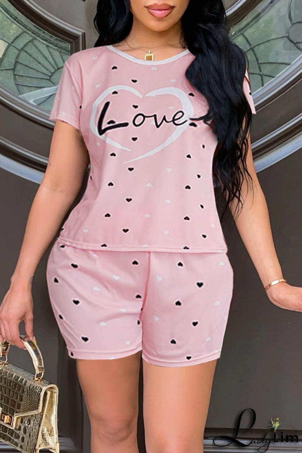 Pink Fashion Casual Print Basic O Neck Short Sleeve Two Pieces