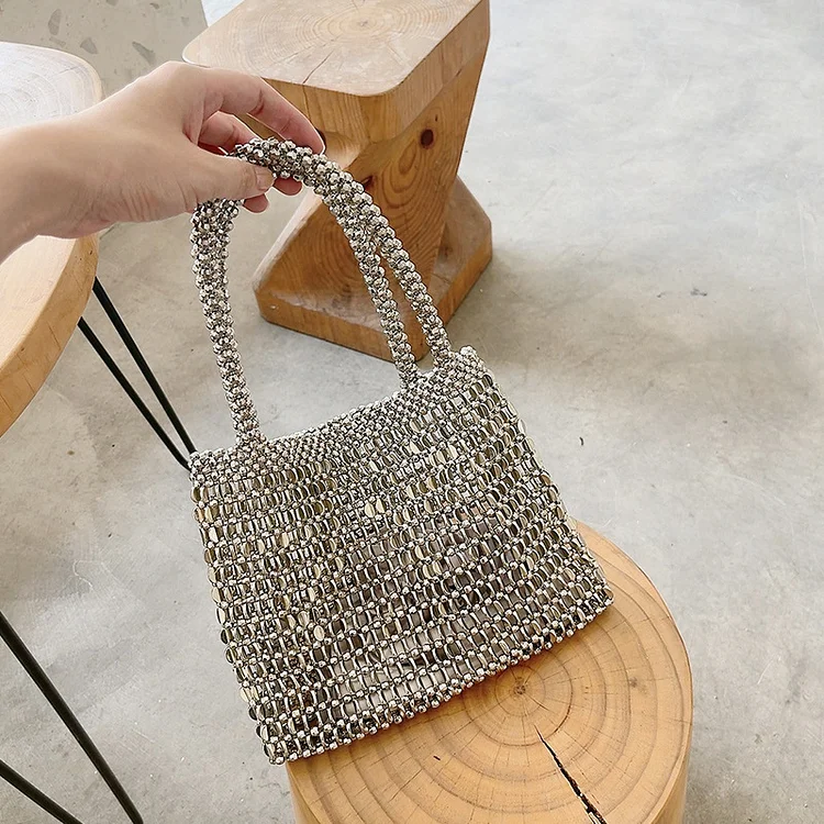 Fashion Silver Retro Metal Beaded Woven Handbags