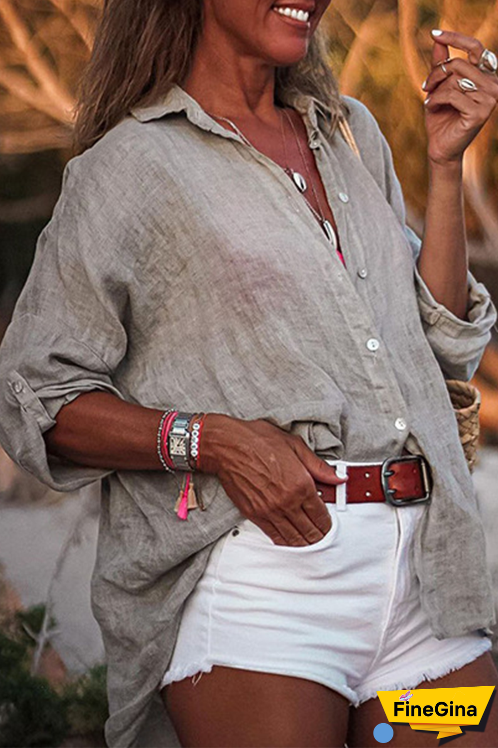 Casual Solid Buckle Turndown Collar Tops