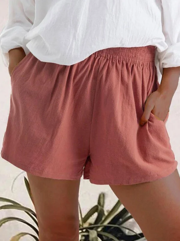 Cotton Linen Solid Color Loose Casual Pocket Elastic Waist Lace-Up Shorts