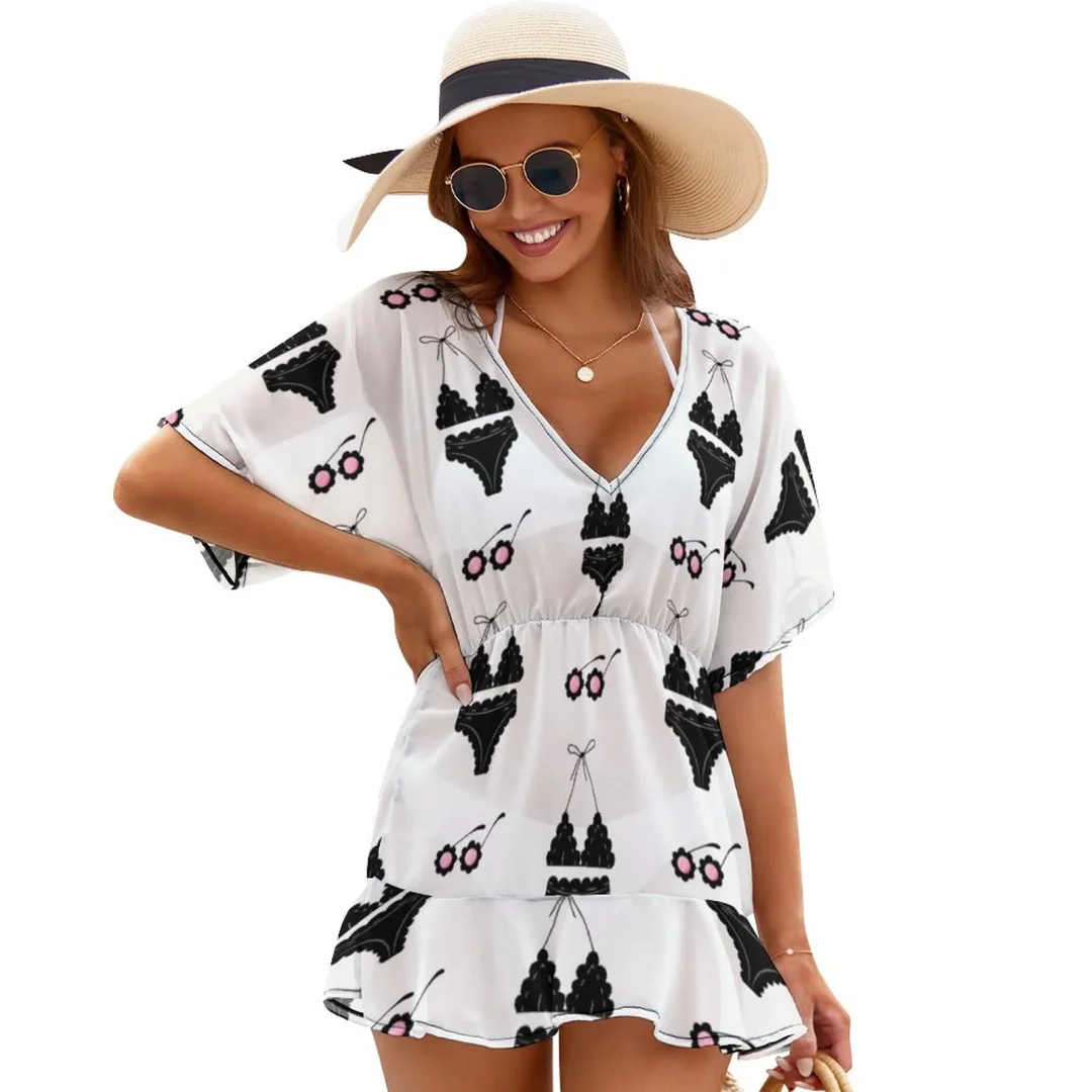 Black Swimsuit Sunglasses Summer Beach Chiffon Mini Cover Up Dress