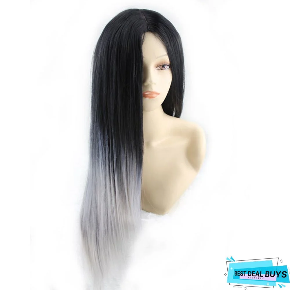 Black-Gray Gradient Medium-Long Hair Wig In Fake Headgear