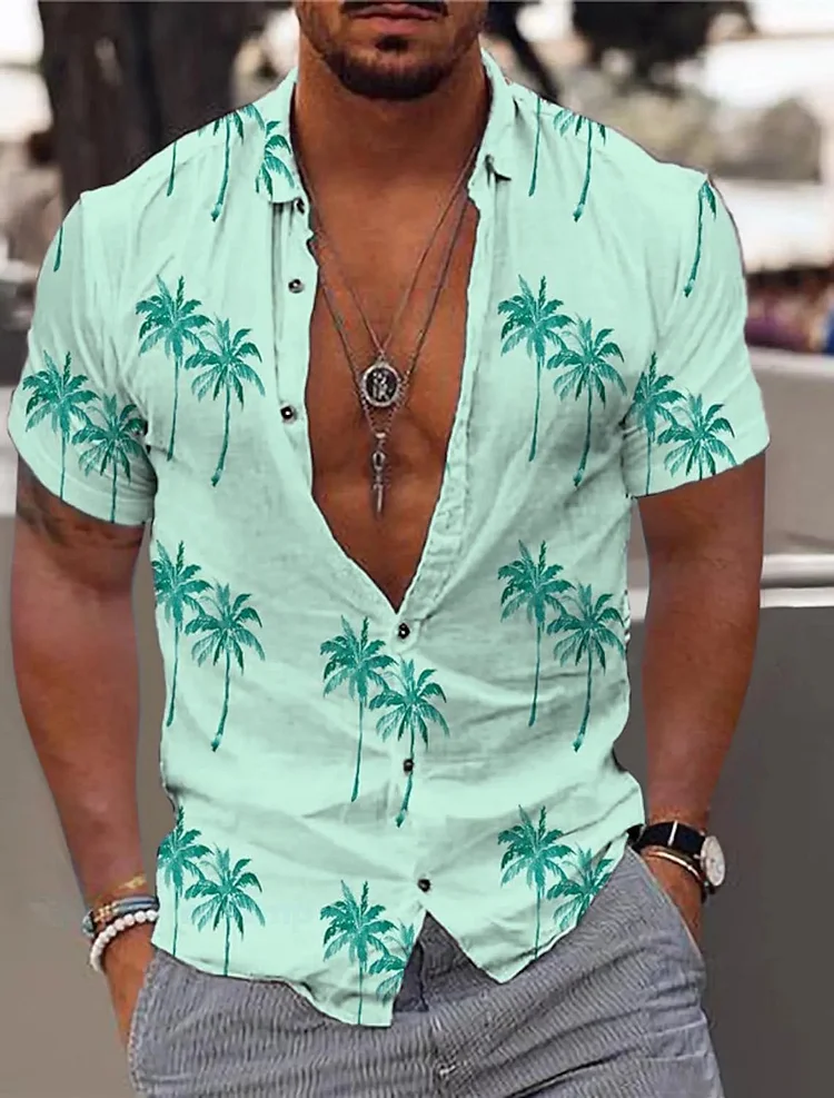 Demandernyc Coconut Tree Summer Hawaiian Shirts Unisex Shirts Palm Turndown Street Outdoor Harajuku Short Sleeved Button-Down Men's Clothing