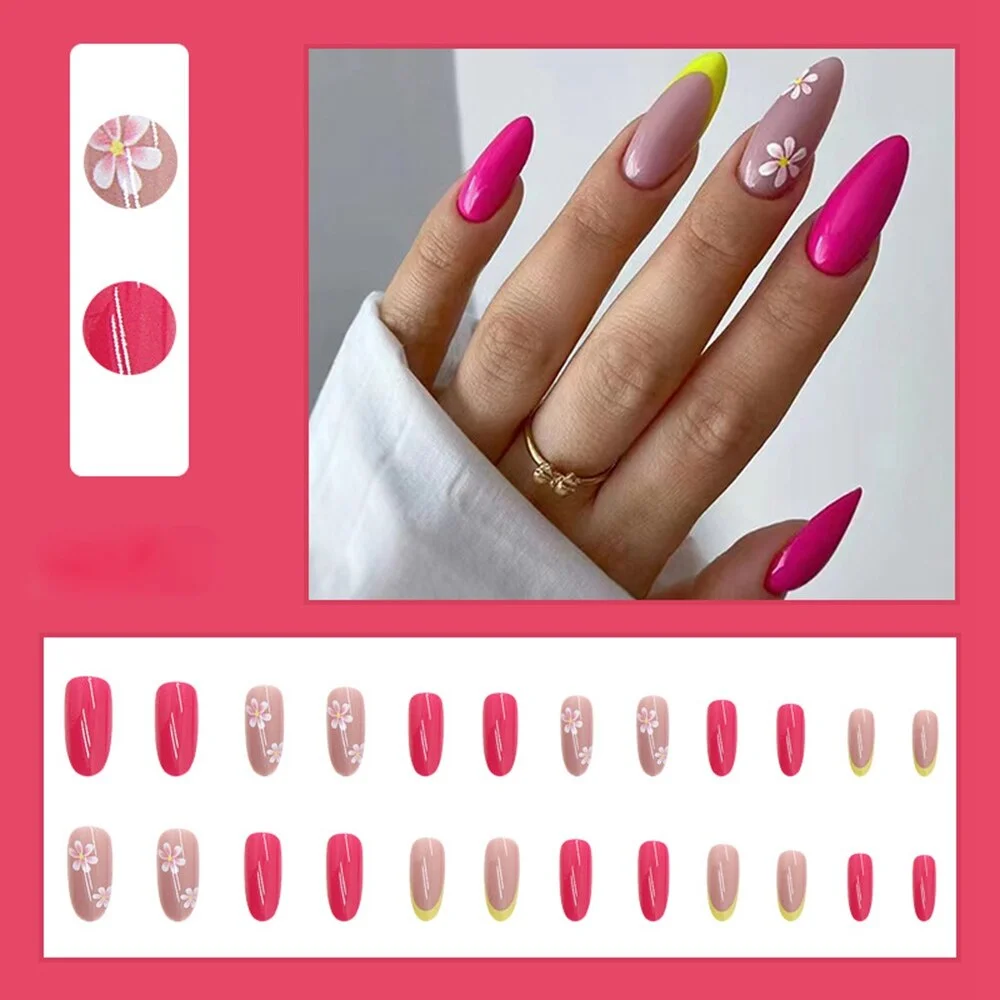 Applyw Almond Daisy Design Fake Nail Detachable French Colorful Side False Nails Wearable Full Cover Nail Tips Press on Nails