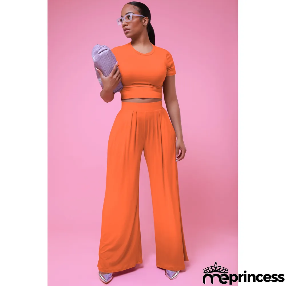 Casual Solid Short Sleeve Wide Leg Pant Two Piece Set