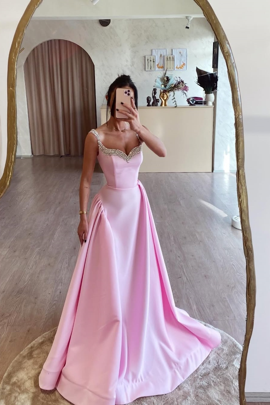 Ovlias Stunning Pink Spaghetti Strap Rhinestone Diamante Prom Dress LY0554