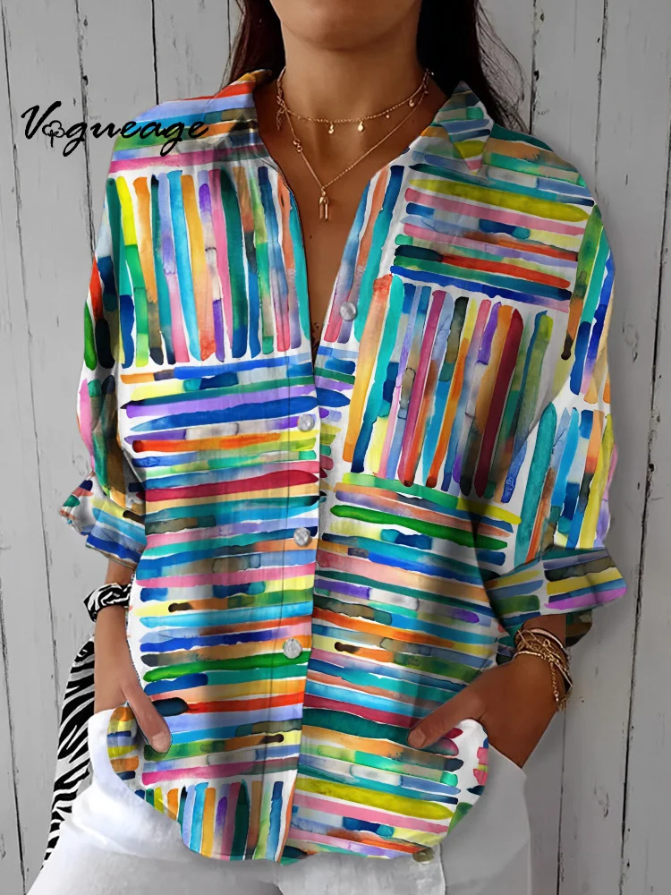 Fashion Colorful Watercolor Stripes Printed Cotton And Linen Shirt