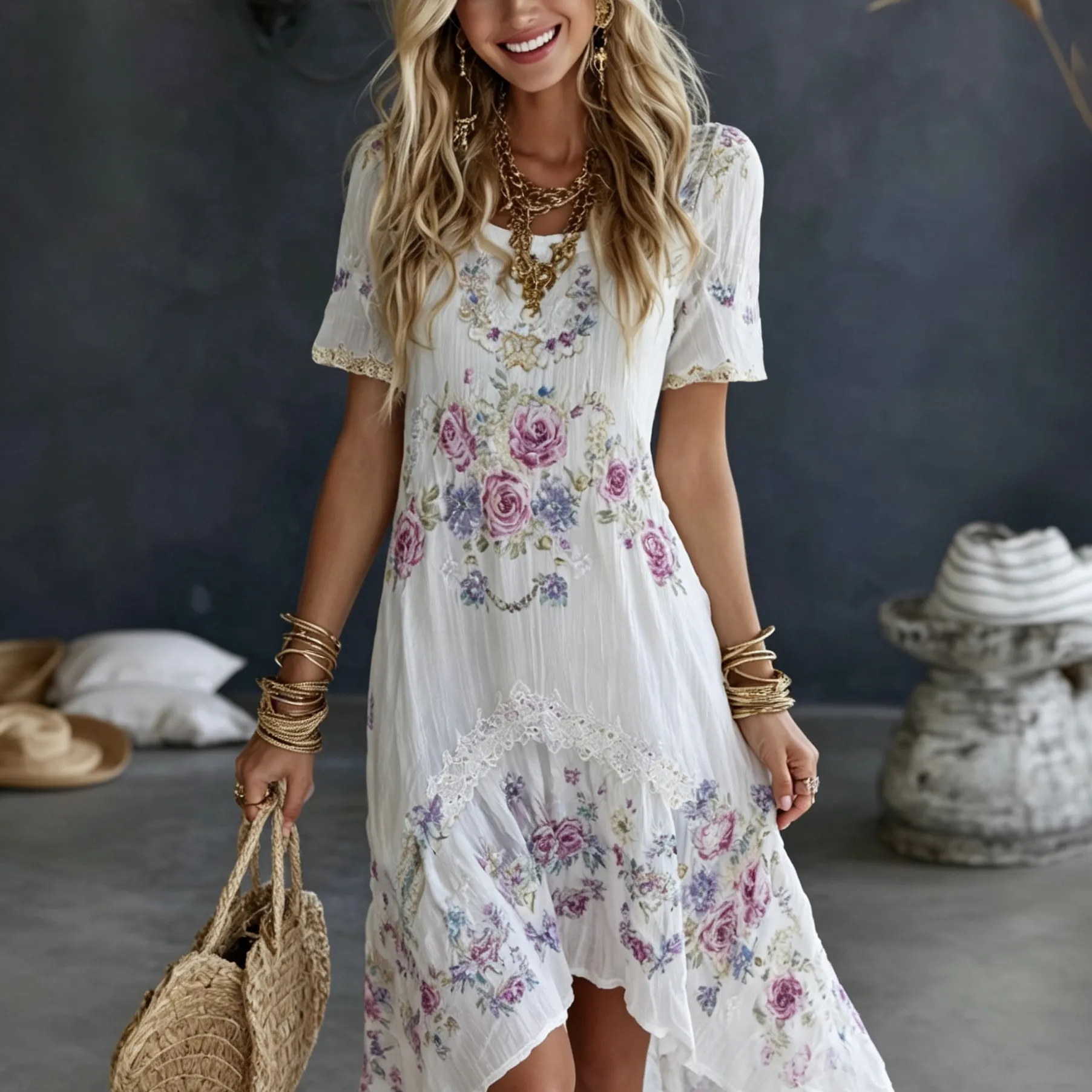 Comstylish Women's Vintage Floral Art Print Linen Blend Round Neck Short Sleeve Dress