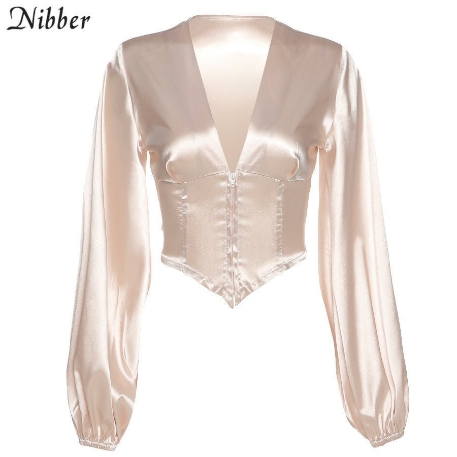 Nibber Elegant Romantic Irregular Deep V Neck Crop Tops Woman Chic Lantern Sleeve Smooth Street Tshirt Autumn Office Lady Tees