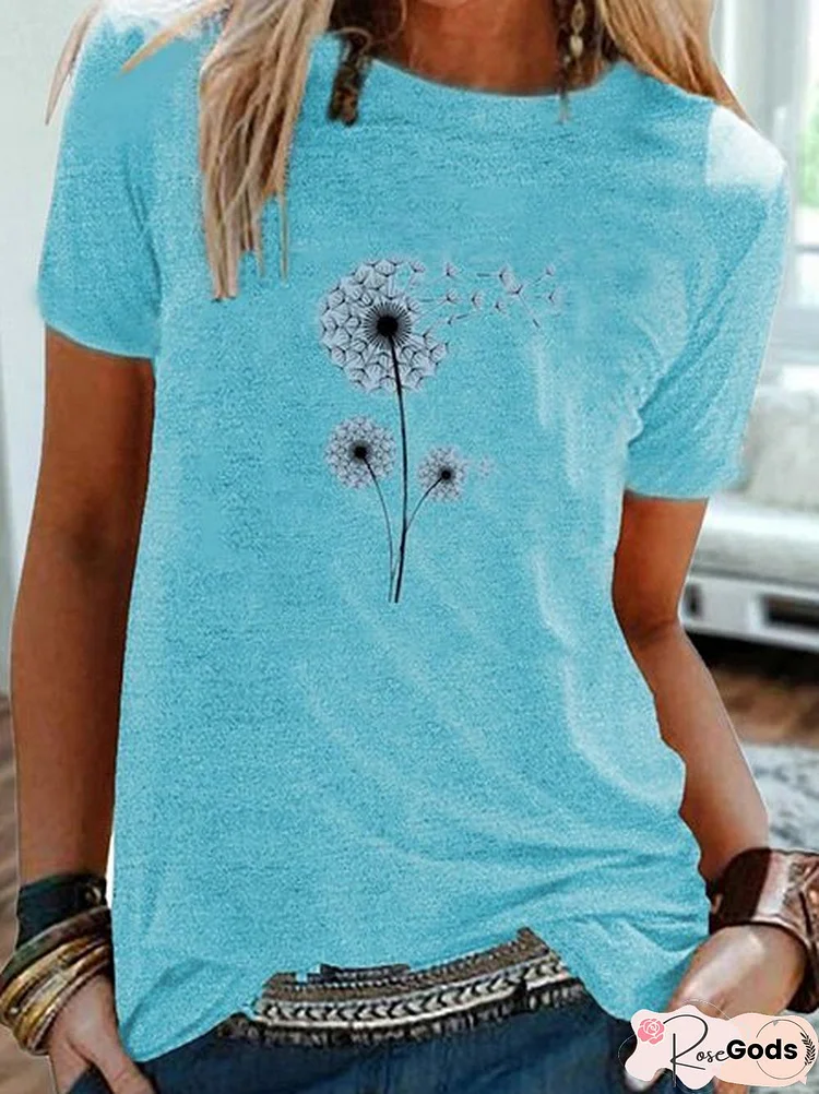 Vintage Short Sleeve Statement Dandelion Printed Crew Neck Plus Size Casual Top