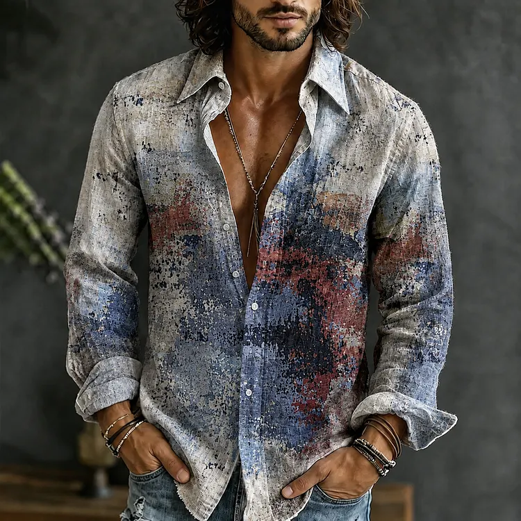 Men's Retro Oil Painting Gradient Art Print Linen Blend Long-sleeve Shirt