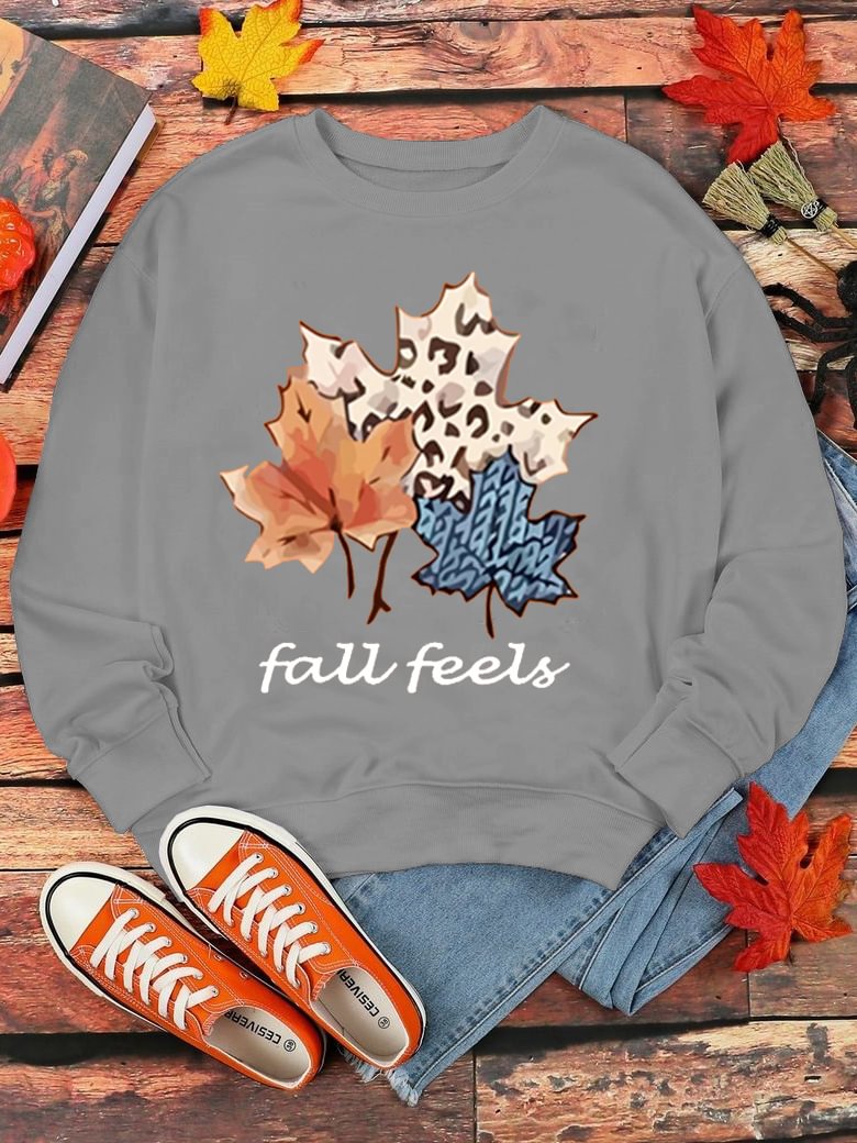 Women Fallen Leaves Fall Feels Print Long Sleeve Sweatshirt