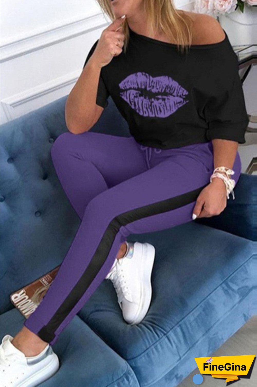Fashion Casual Lips Printed Basic Oblique Collar Three Quarter Regular Sleeve Regular Two Pieces