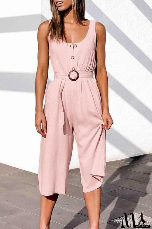 MidiSono - Button U Neck Sleeveless Belted Jumpsuit