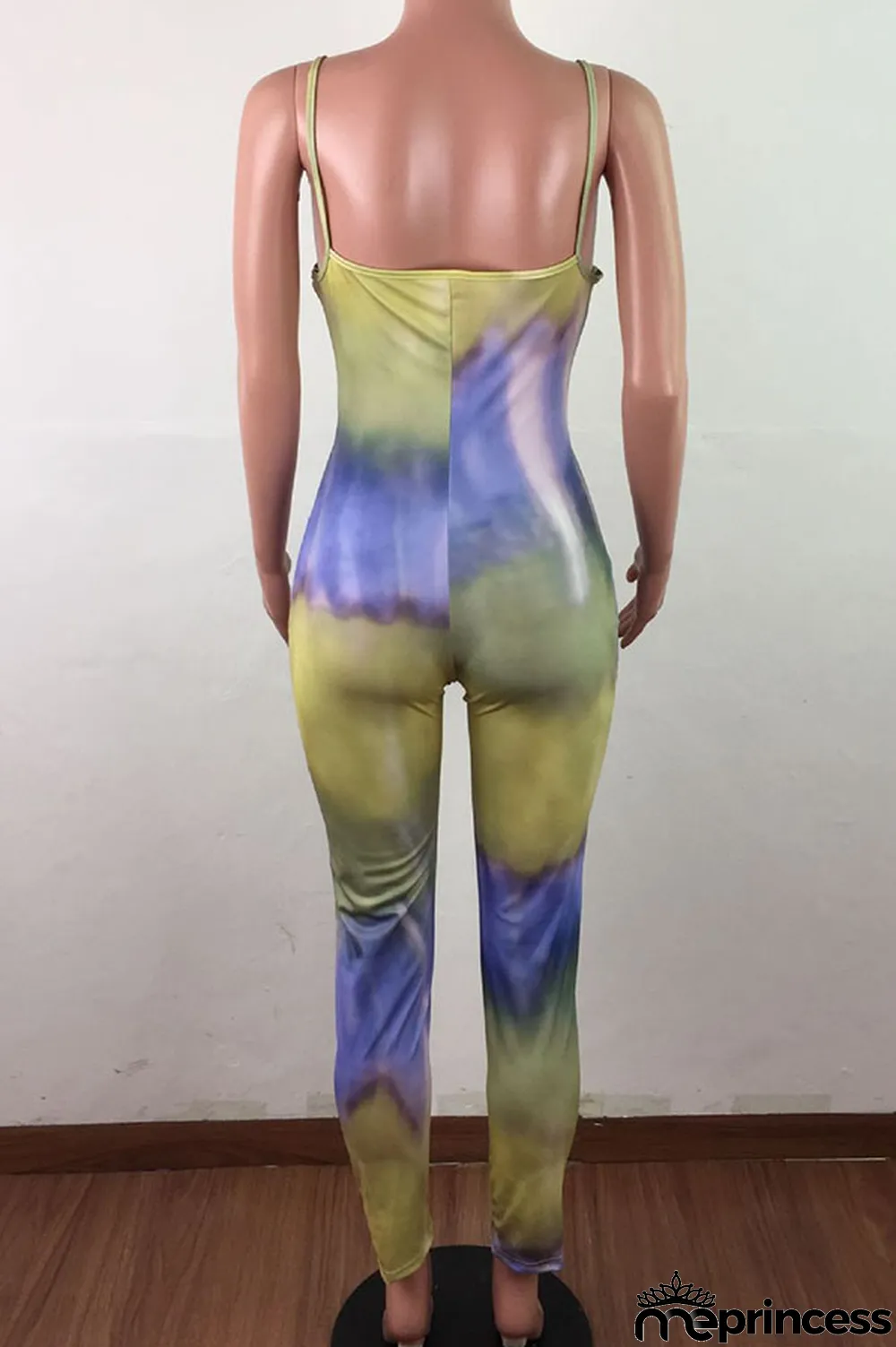 Blue Fashion Sexy Tie-dyed Sleeveless Slip Jumpsuits