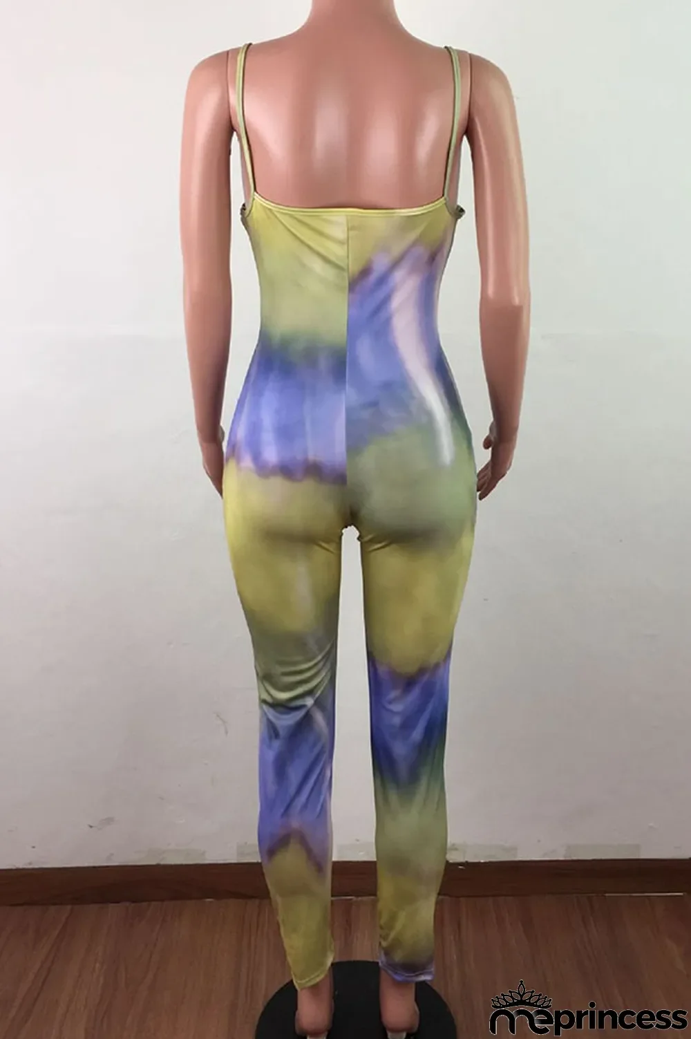 Blue Fashion Sexy Tie-dyed Sleeveless Slip Jumpsuits