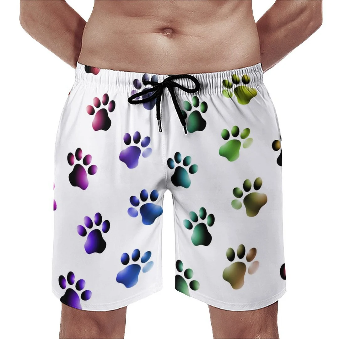 Animal Tie Dye Rainbow Cat Dog Paw Men's Swim Trunks Summer Board Shorts Quick Dry Beach Short with Pockets