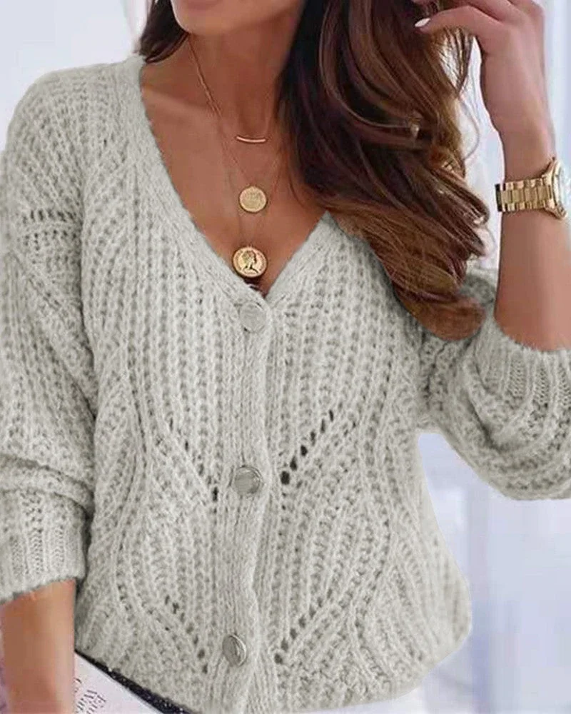 Long Sleeve Knit Buttoned Hollow Out Cardigan