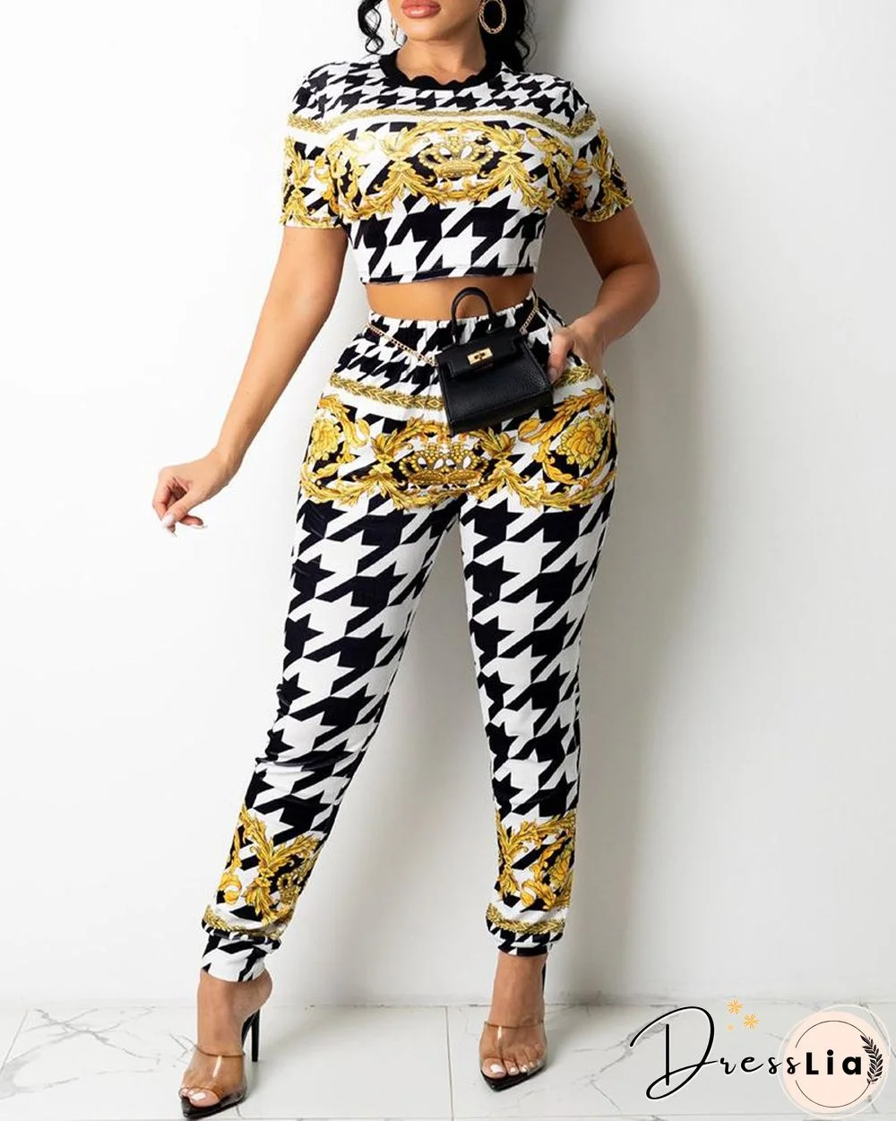 Houndstooth Scarf Print Crop Top & High Waist Pants Set