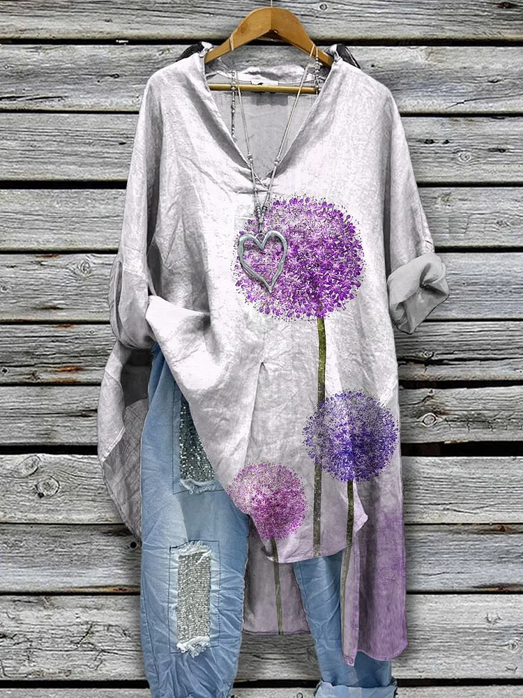 Women‘s Gradient Watercolor Dandelion Flower Print Casual Cotton And Linen Shirtdress