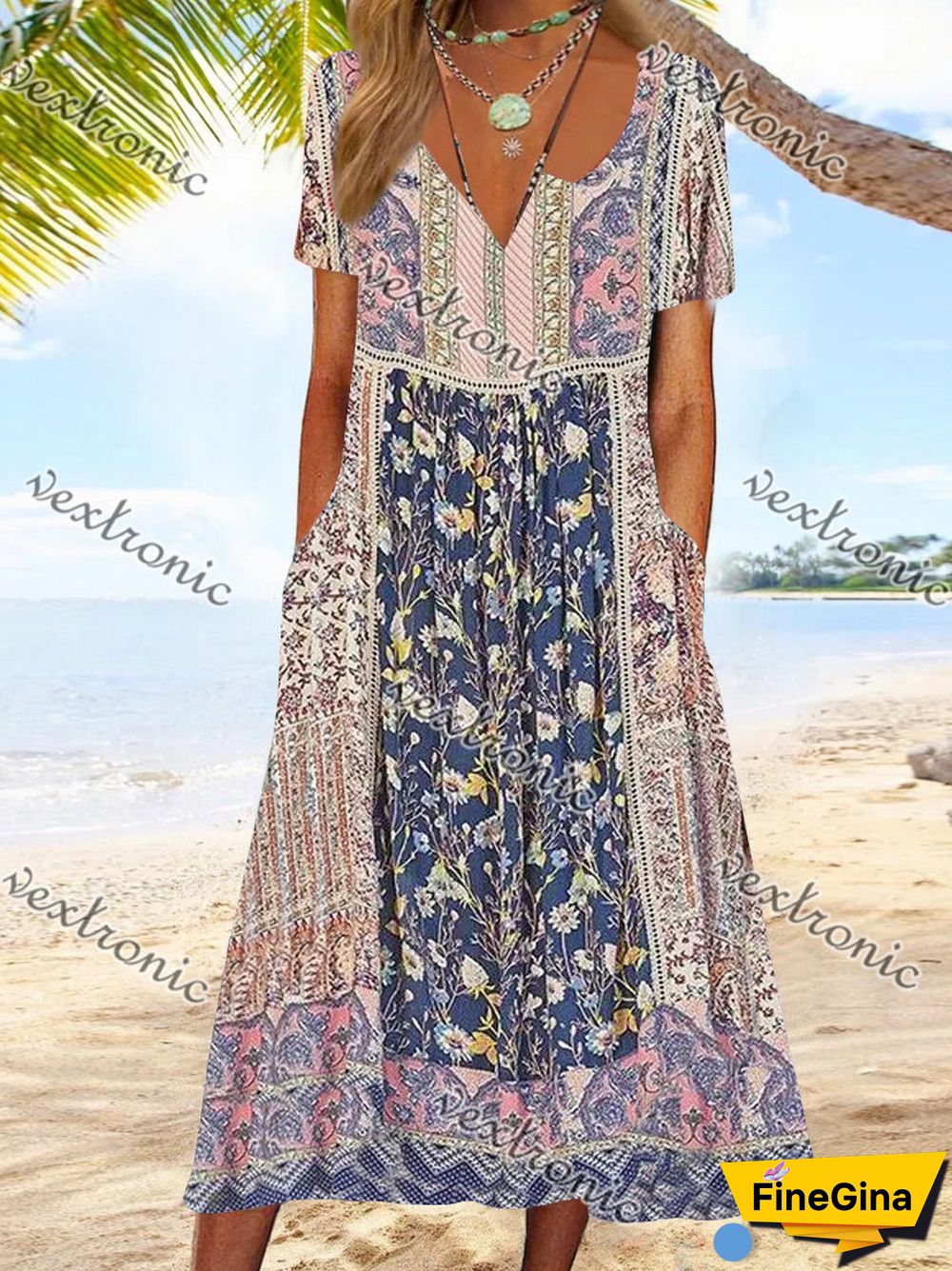 Women's Colorful Short Sleeve V-neck Graphic Floral Printed Midi Dress