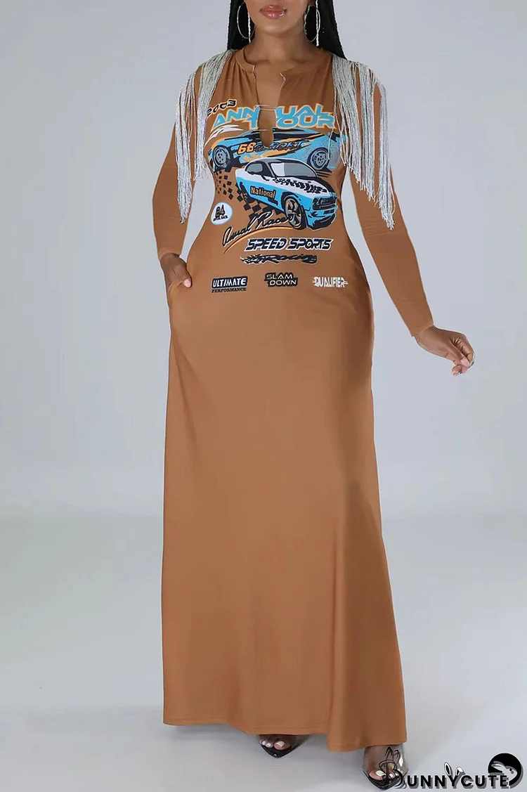 Light Brown Sexy Street Print Tassel Patchwork V Neck Straight Dresses