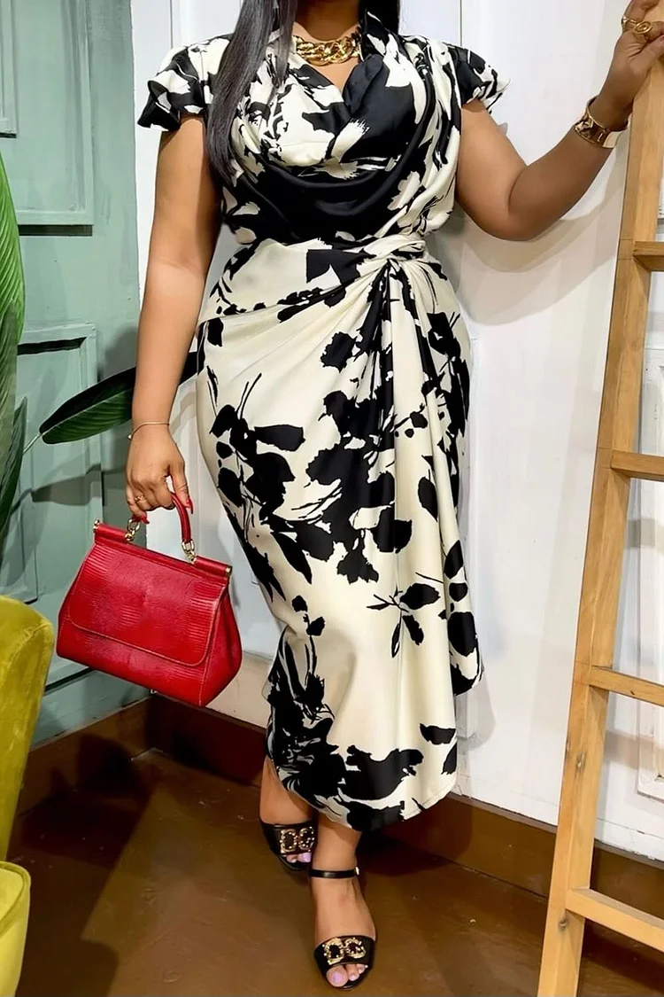 Plus Size Black Daily Print V Neck Fold Midi Dresses
