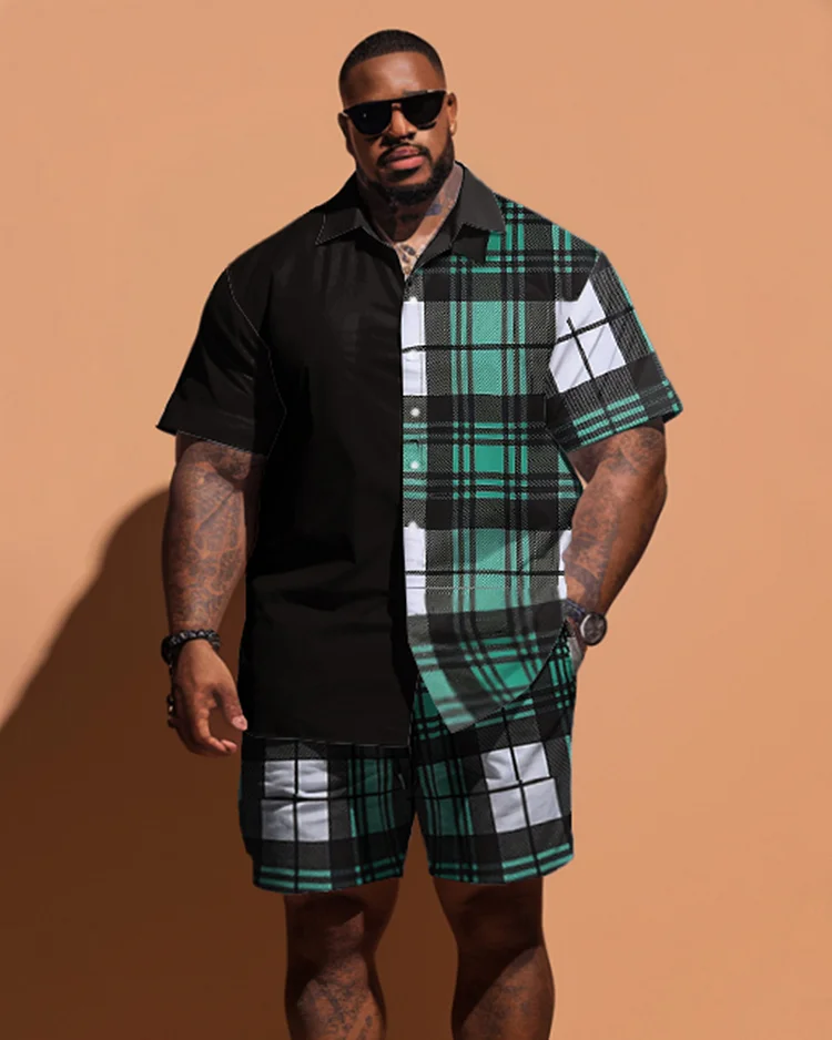 Men's Plus Size Simple Plaid Pattern Stitching Short Sleeve Shirt Shorts Set