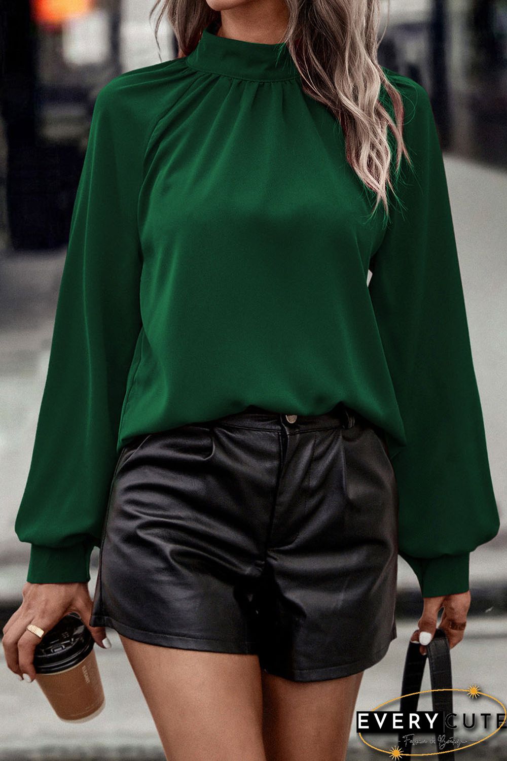 Green Cutout Back Ruched Mock Neck Blouse