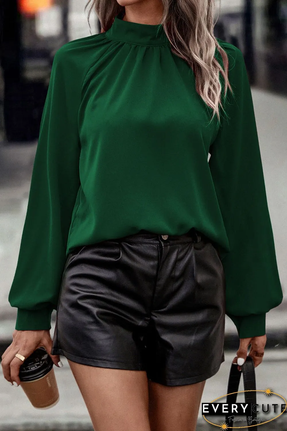 Green Cutout Back Ruched Mock Neck Blouse