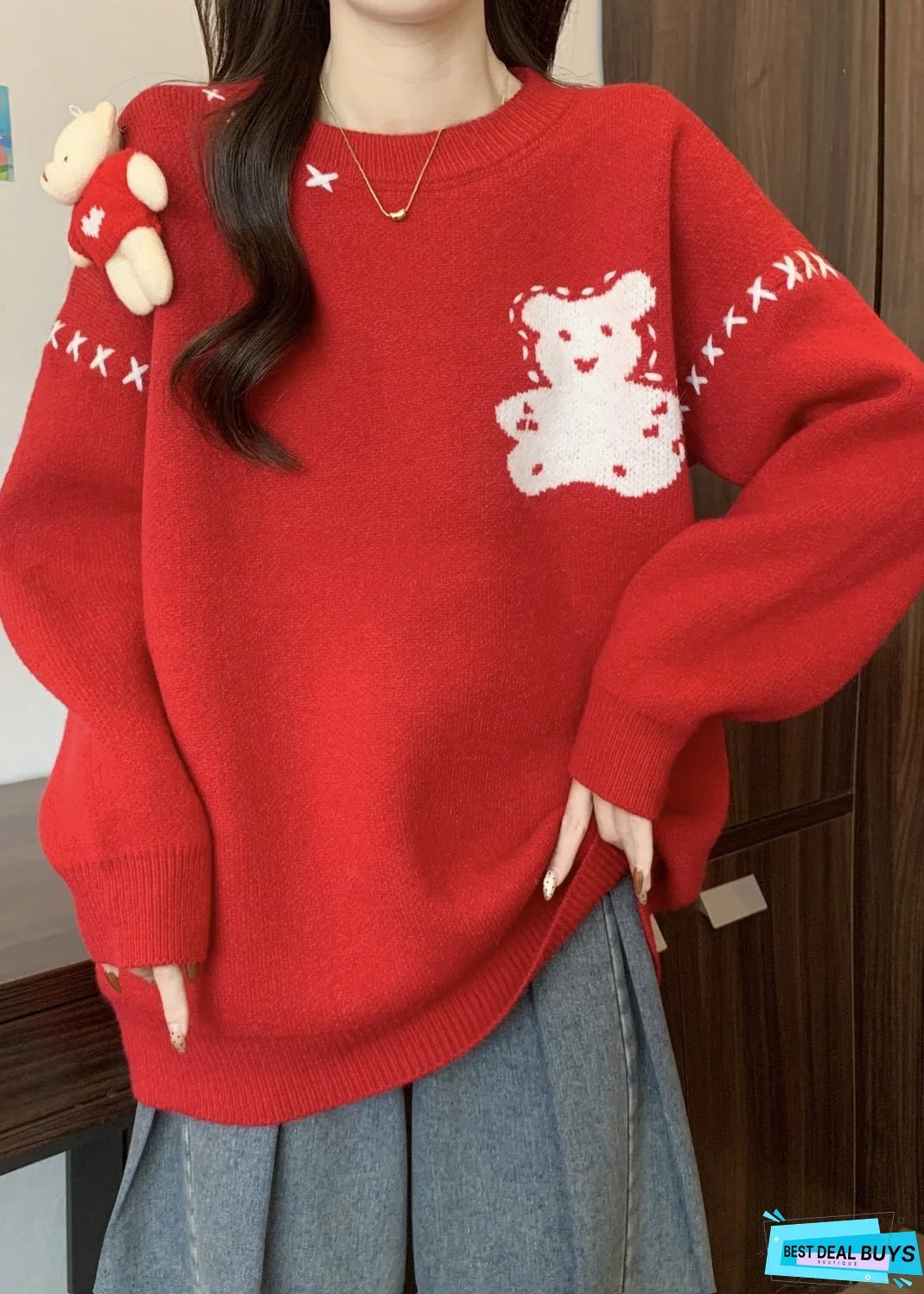 Unique Red O Neck Cartoon Patchwork Knitted Sweaters Winter