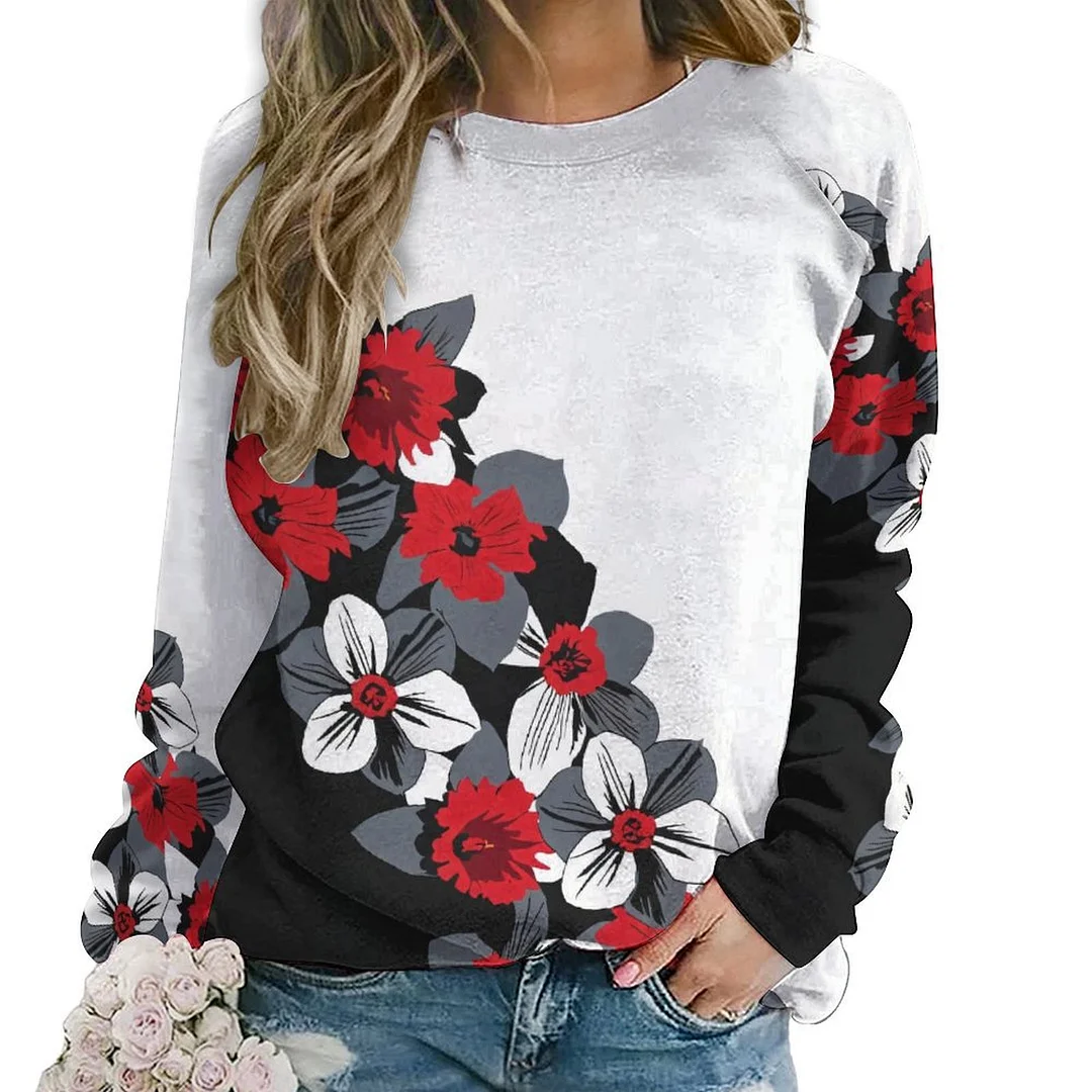 Printed Long Sleeve Casual Sweatshirt for  Women and Men Unisex Pattern Floral, Black, Red