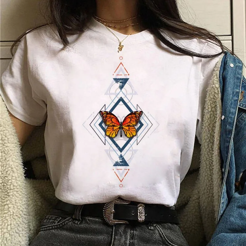 Women Red and Black Butterfly Fashion T Shirt Girl Harajuku Korean Style Graphic Tops Valentine's Day Female T-shirt,Drop Ship