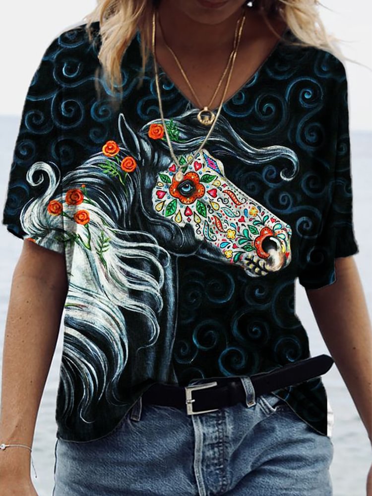 Sugar Skull Inspired Horse Art V Neck T Shirt