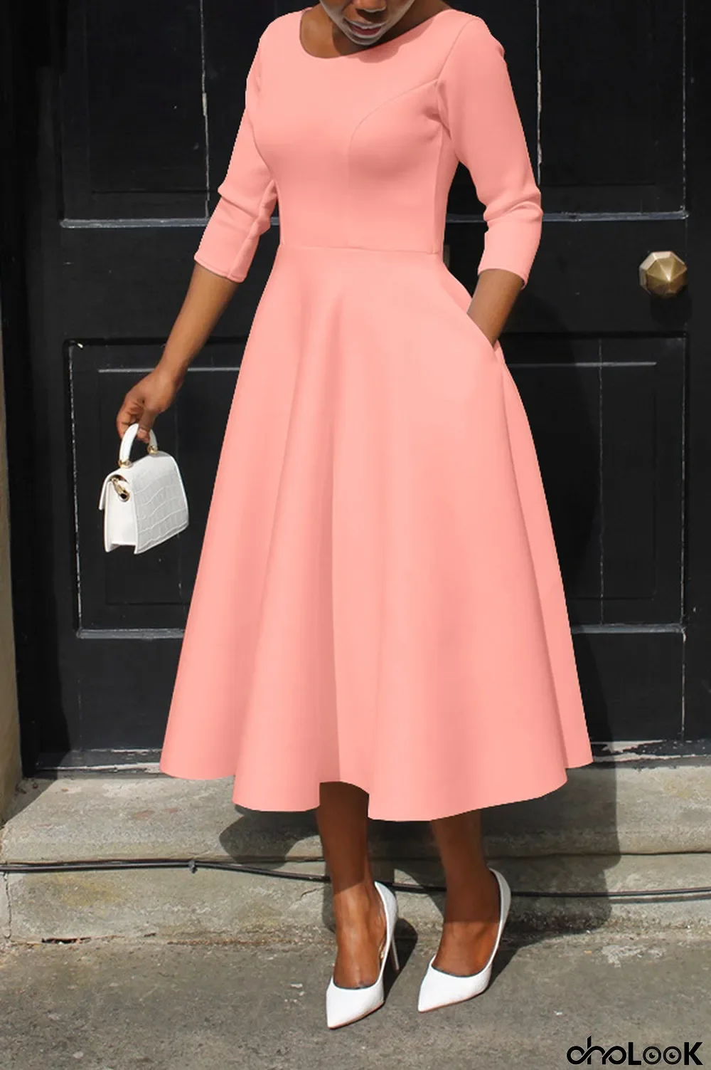 Ladies Spring Solid Color U-Neck Pocket Swing Dress