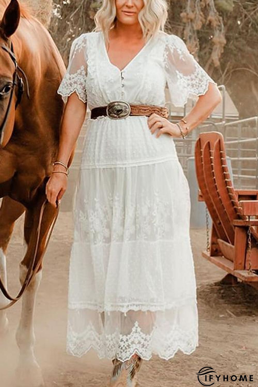 Button Lace V Neck Short Sleeve Maxi Dress | IFYHOME