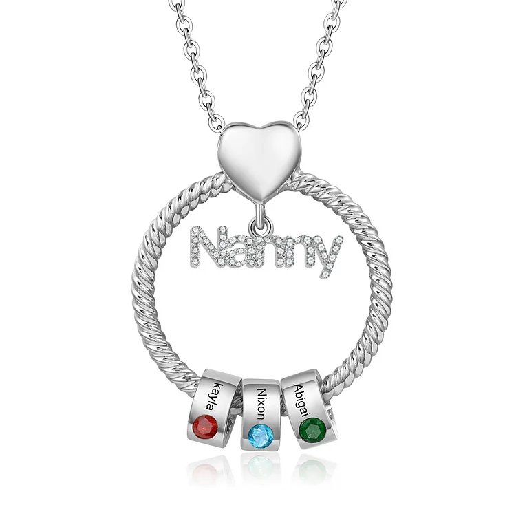 3 Names-Personalized Nanny Circle Necklace With 3 Birthstones Pendant Engraved Names Gift For Nanny