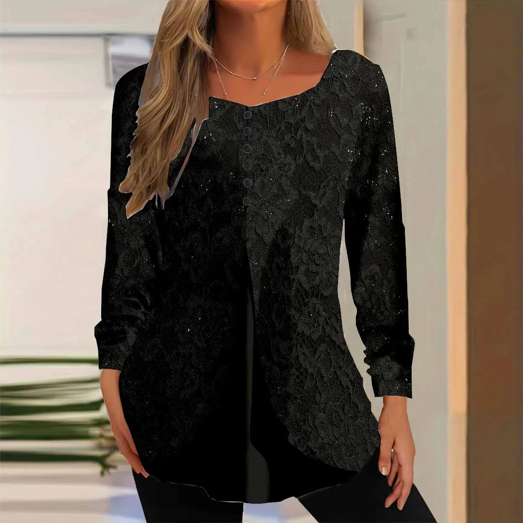Women Floral,Black DZGG8258 Long Sleeve Scoop Neck Printed Graphic Button Fake 2in1 Tops