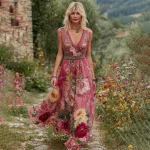Women's Vintage Floral Embroidery Art V-neck Sleeveless Maxi Dress - Image 2