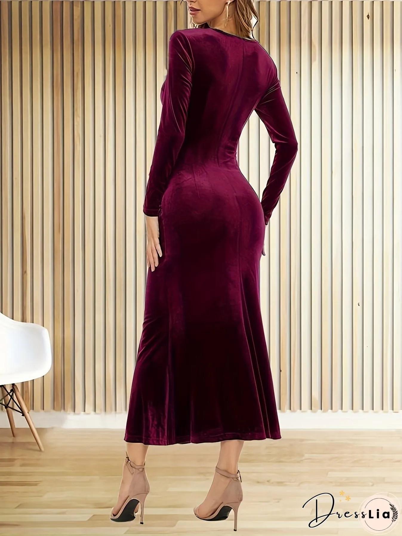 Solid Bodycon Midi Dress, Elegant V Neck Long Sleeve Dress, Women's Clothing