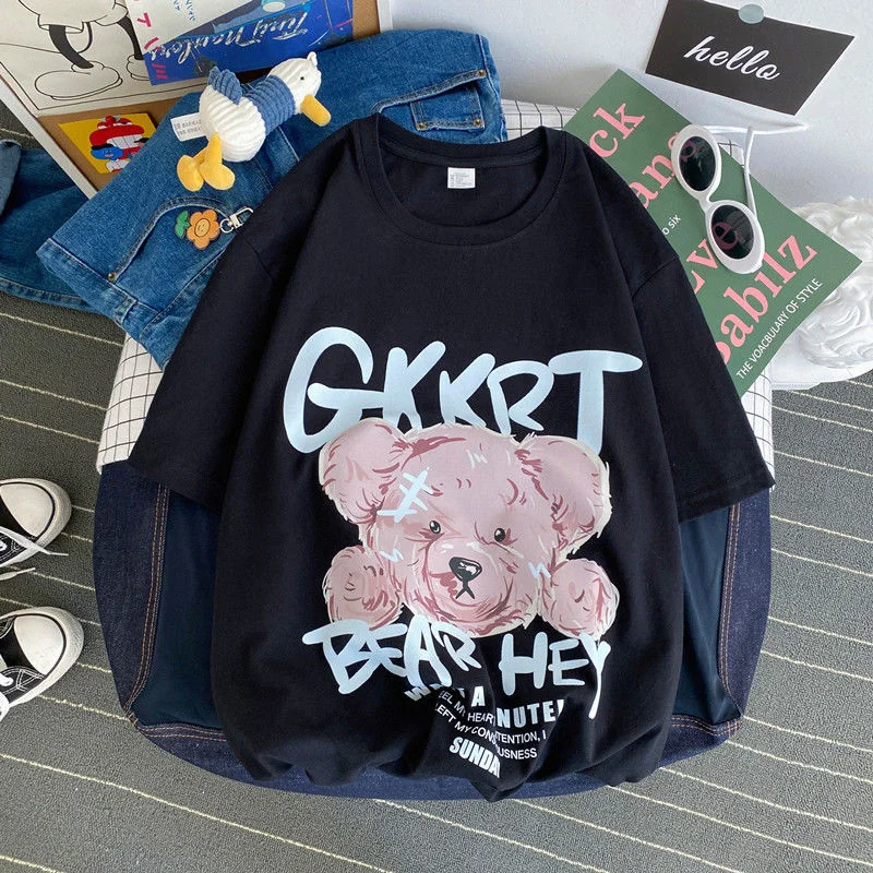 S-4XL Harajuku Streetwear Cotton Letter Bear Print Short Sleeve T-shirt Women Clothes Summer O-neck Couple Girls Tops Loose Tee