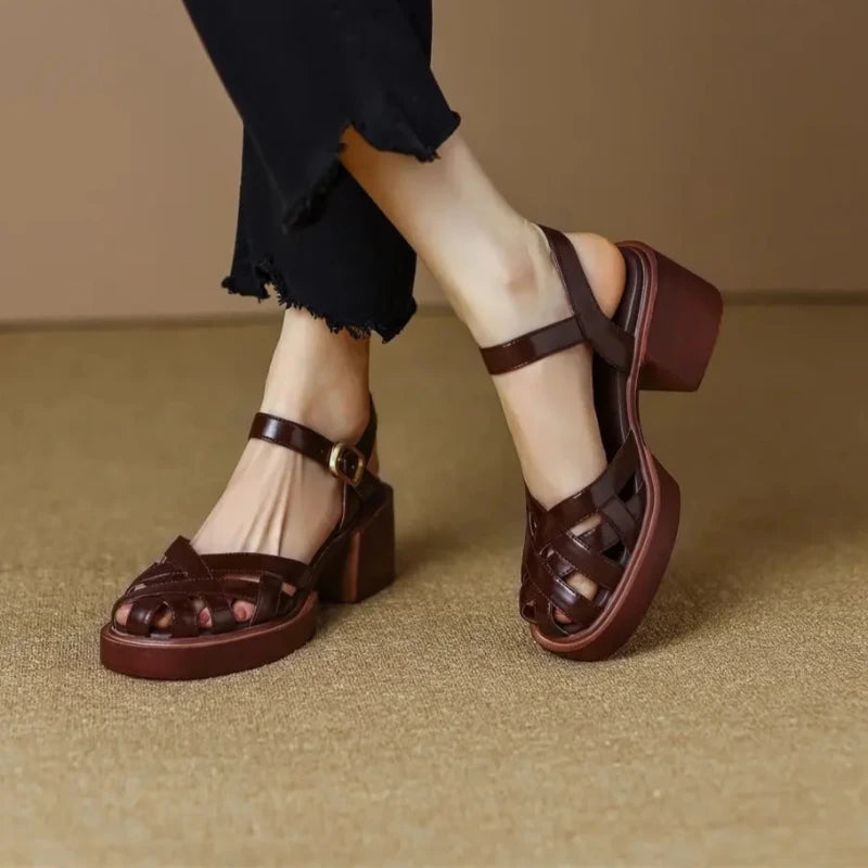 Summer New Women Shoes High Heel Roman Sandals Cow Patent Leather Daily Buckle Strap Lady Casual Footwear Brown Size 40 Aiertu