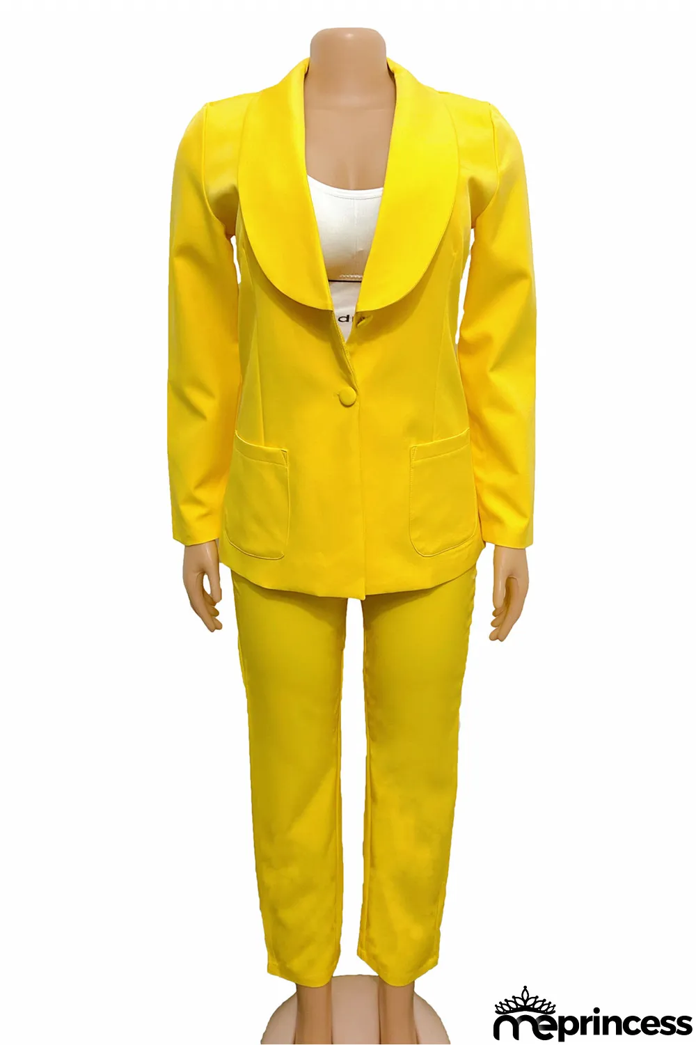 Yellow Fashion Casual Solid Cardigan Pants Turn-back Collar Long Sleeve Two Pieces